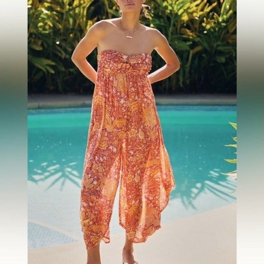 ANTHROPOLOGIE Harem Sleeveless Jumpsuit Mutil Orange Floral Boho Size XL NEW - Picture 2 of 12